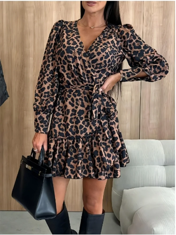 Sexy V-neck Bubble Long Sleeved Leopard Print Lace Up Women\'s Dress Elegant Dating Daily Versatile Autumn Dresses
