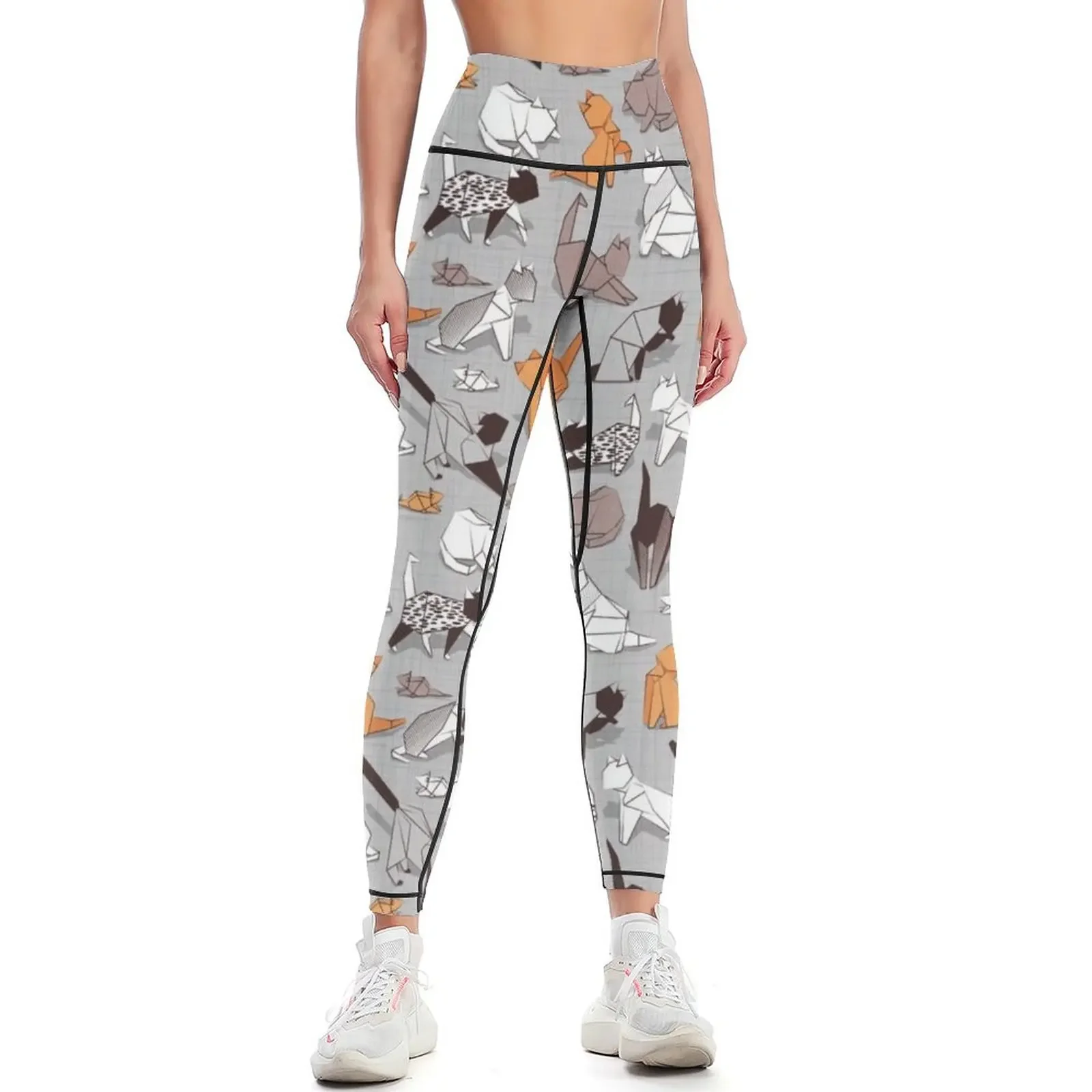 

Origami kitten friends // grey linen texture background paper cats Leggings Women's high waist for girls Womens Leggings