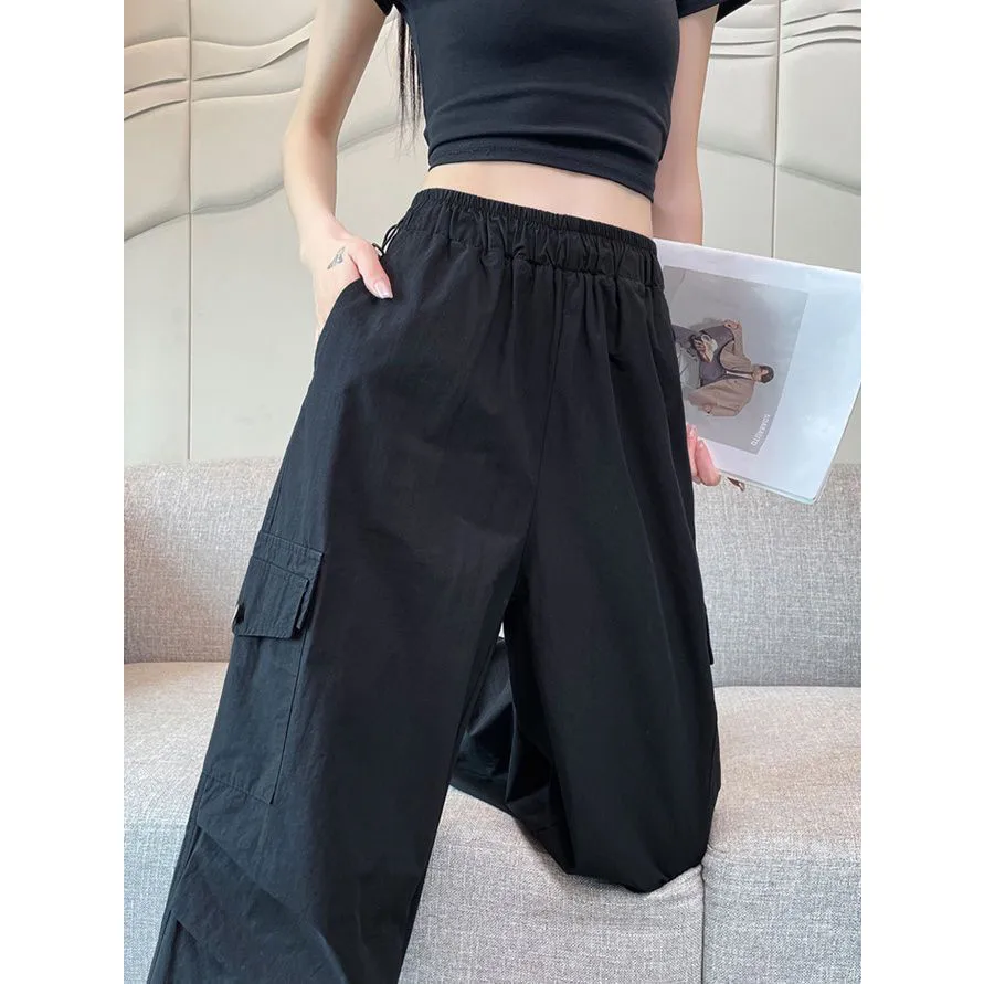 Wide Leg Cargo Pants Elastic Waist Drawstring Hem Multi Pockets Casual Loose Streetwear Trousers Outdoor Daily Wear Fashion 2026