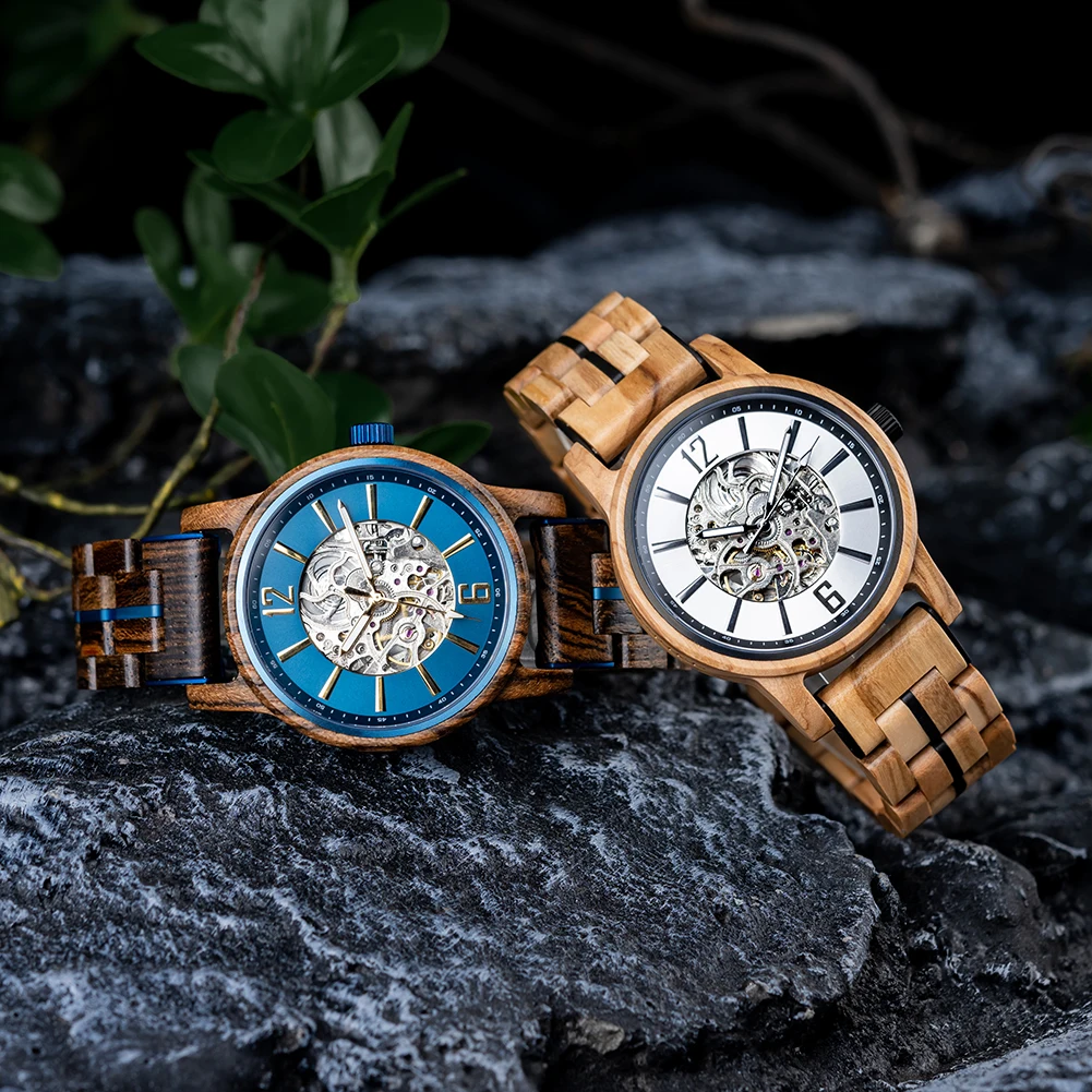 BOBO BIRD Wooden Automatic Mechanical Watch Men New Top Luxury Wristwatch Fashion Luminous Clock Great Gift Wood Box Custom Logo