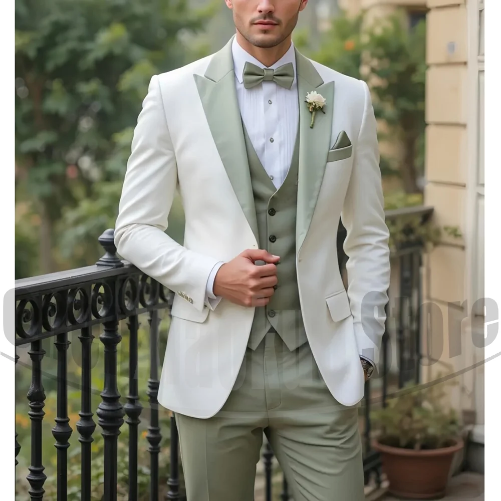 

Fashion Men Suits Peaked Lapel One Button Male Clothing 3 Pieces Elegant Groom Wedding Party Tuxedos Customized Male Suit