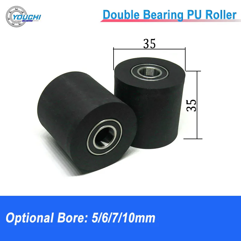 4pcs 5/6/7/8/10mm Shaft 35mm Diameter 35mm Length Double Bearing Polyurethane Flat Guide Pulley Wheel PU Coated Driven Roller