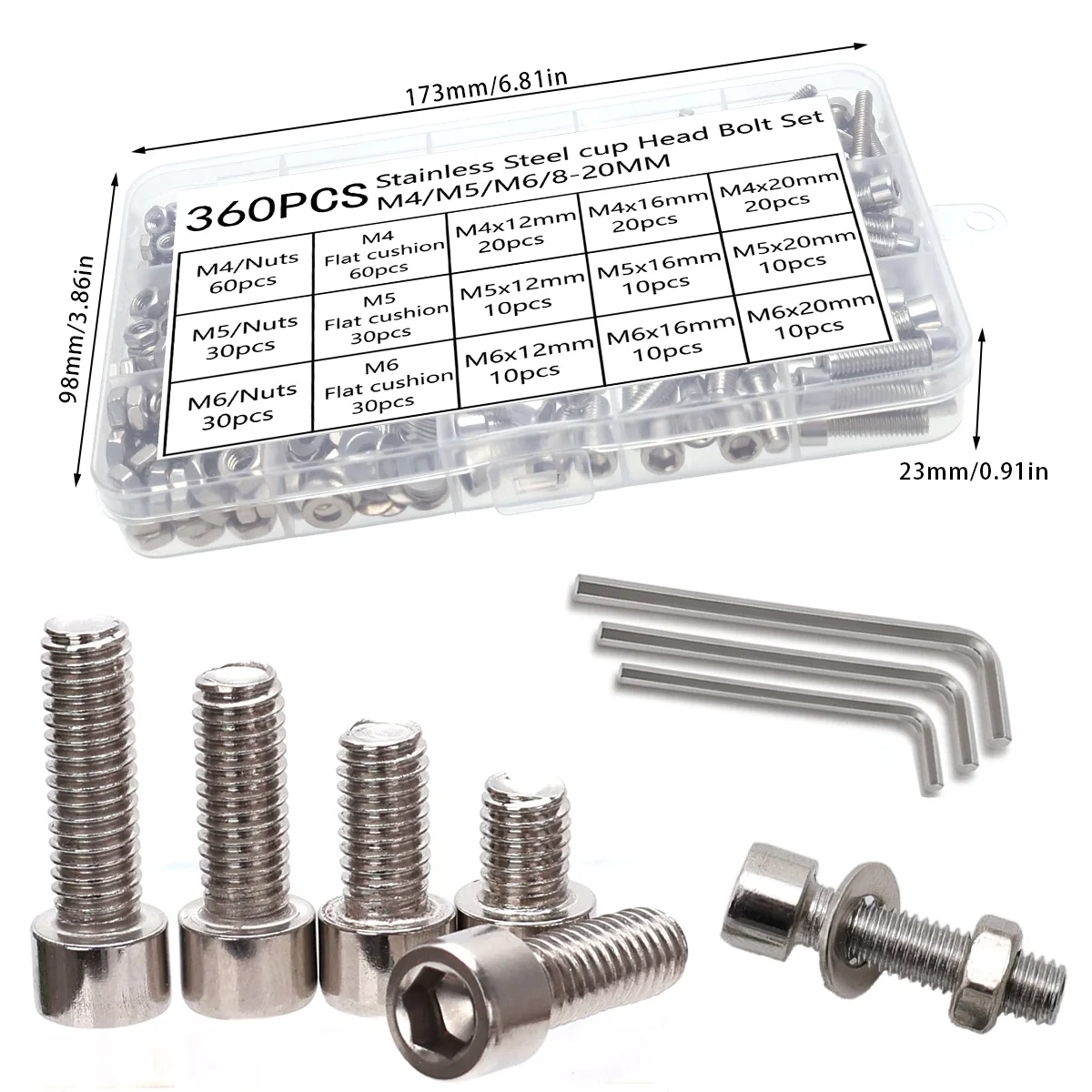 360-Piece Stainless Steel Internal Angle Nut and Bolt Combo Set - M4, M5, M6 Hex Head - Includes Flat Washer Wrench