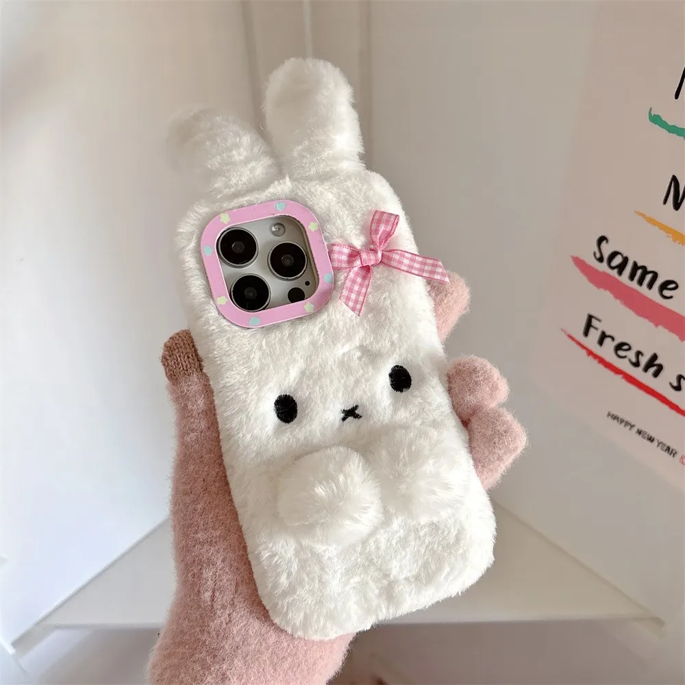 Soft Fluffy Plush 3D Rabbit Bunny Phone Case For iPhone 14 15 16 Plus 13 11 12 Pro Max Warm Winter Furry Fur Cover