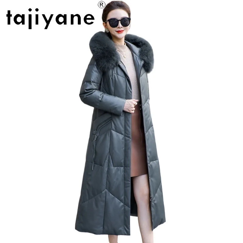 TAJIYANE 100 % Schaffell, weißer Gänsedaunenmantel, lange Pufferjacke aus echtem Leder, Damen mit Fuchspelzkragen, Winterkleidung 2025 Durant Mohamed