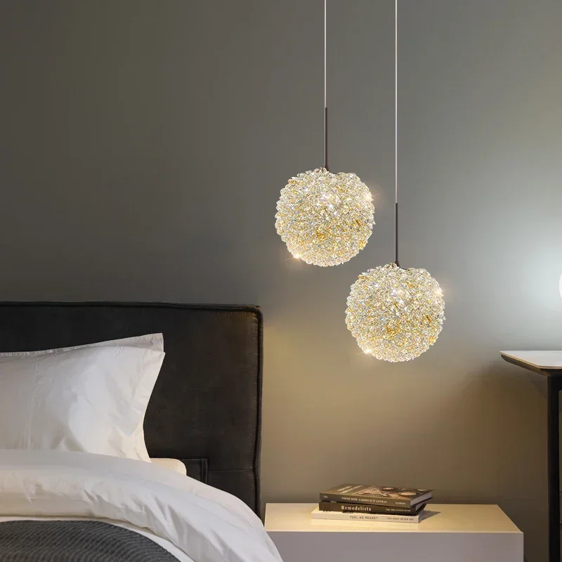 Warm and Romantic Crystal Lamp Bedhead Small Pendant Light Luxury Round Ball Room Long Line Pendant Lamp