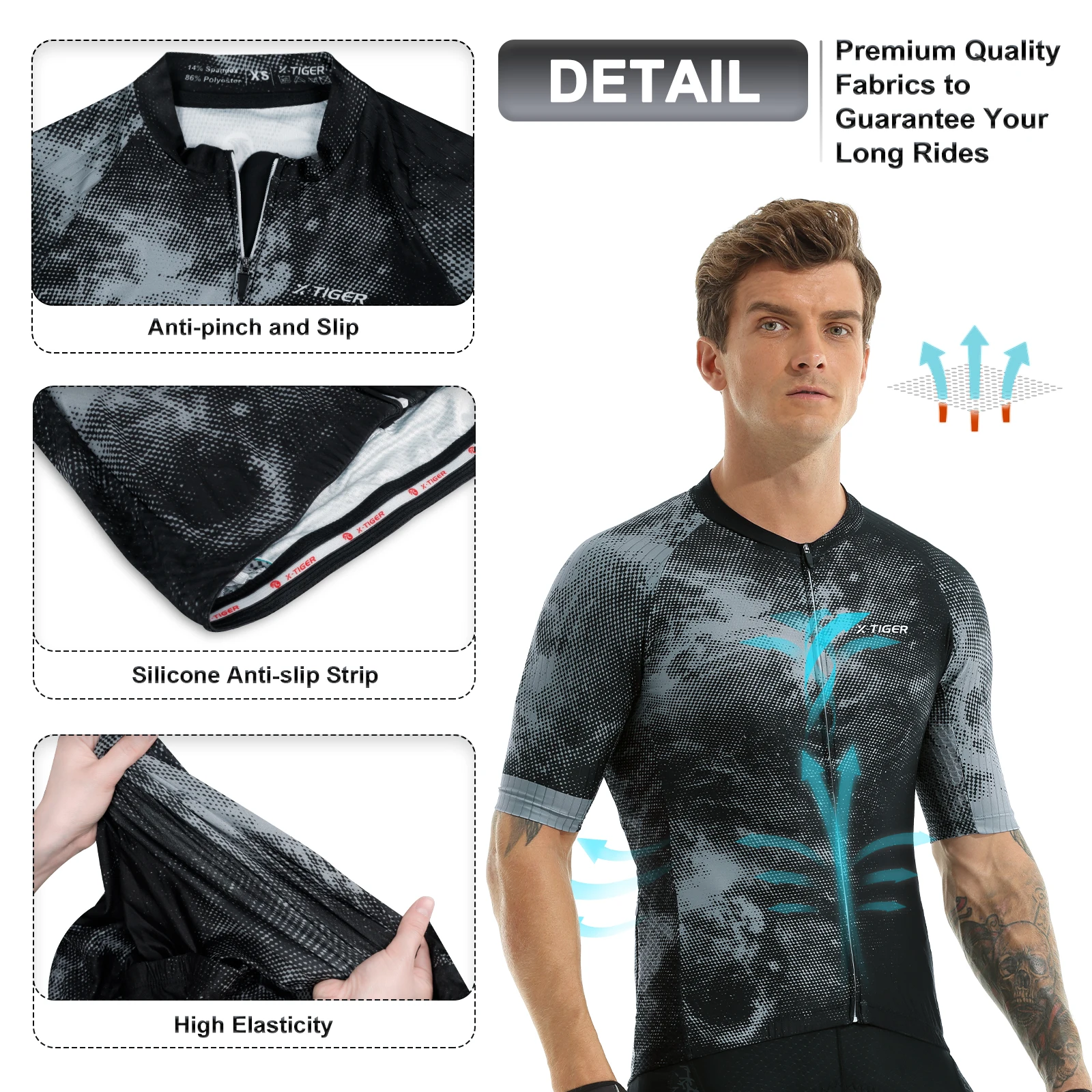 Ｘ-TIGER Cycling Jersey Men Short Sleeve Cycling Fit Lightweight Fabric Moisture Wicking,Cycling Shirt with 4 Back Pockets