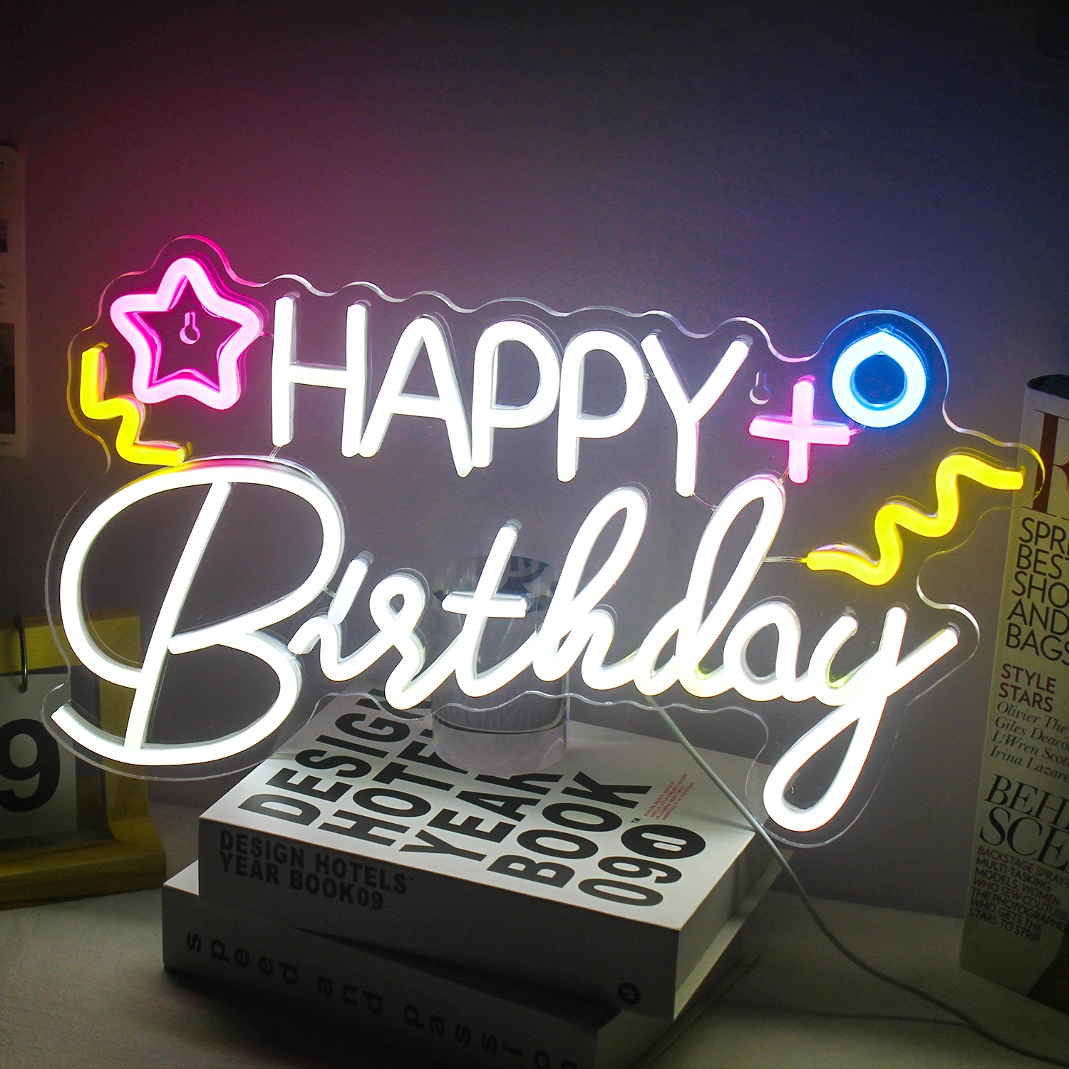 Feliz Aniversário Neon LED Sign Lights, Lâmpada de parede USB, Art Letter Signs, Logo Hanging, Decoração do quarto para festa de aniversário anual, Presentes