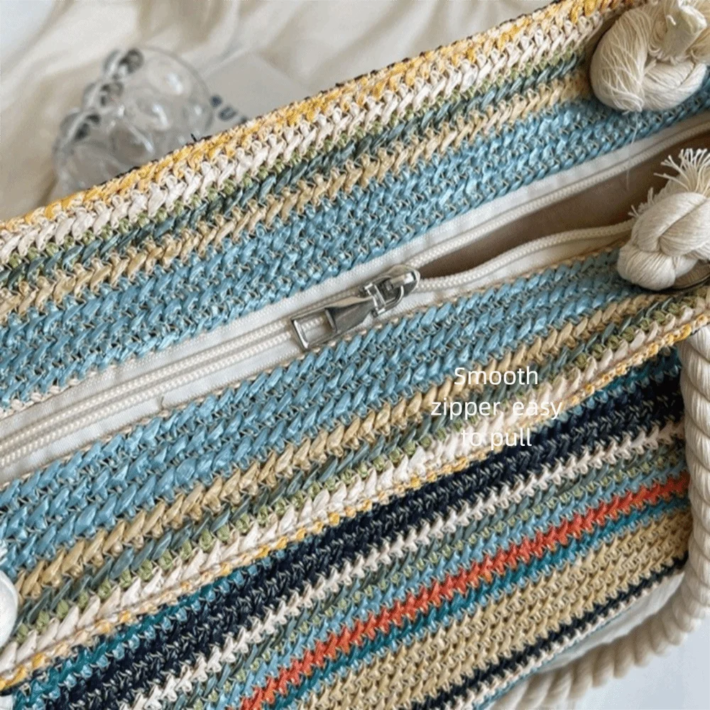 New Large Capacity Straw Bag Striped Rainbow Woven Casual Handbag Portable Underarm Bag Seaside Vacation view 2
