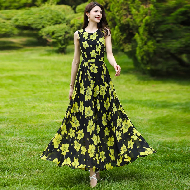 

Women's Summer Vacation Sleeveless Round Neck Chiffon Floral Maxi Dress - Flowy Slim-Fit Lightweight Long Dress for Beach Getawa
