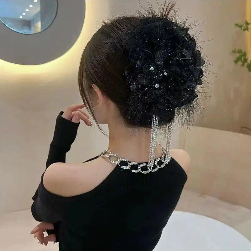 VANIKA New Black Feather Big Bow Hair Claw Women Elegant Rhinestone Tassels Ponytail Clip Crab claws Headwear Hair Accessories