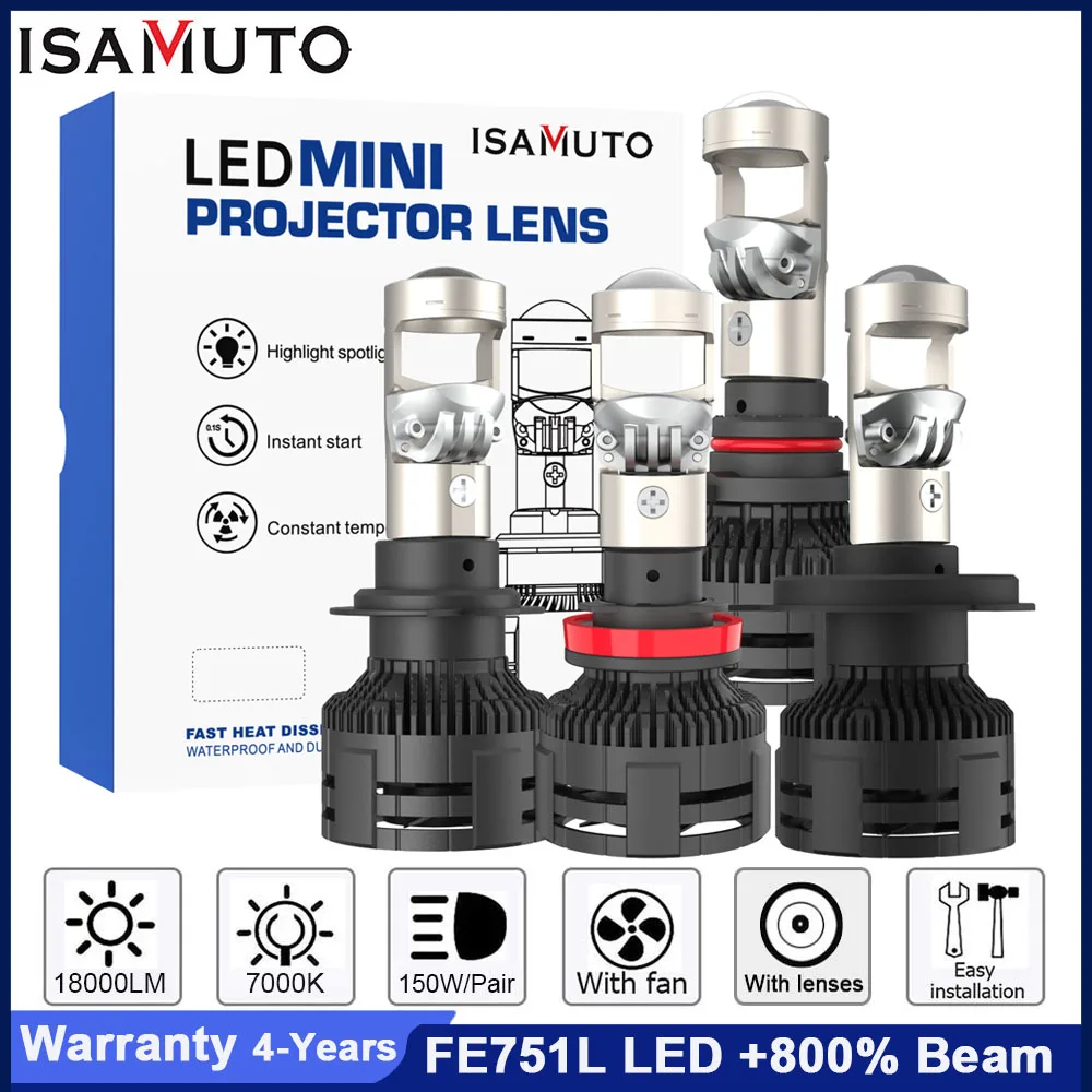 

ISAMUTO FE751L Светодиодная фара 12-35 В H4 H7 H8 H9 H11 с линзой HB3 HB4 9005 9006 7000K 10000LM Белая автомобильная лампа +800% луч (пара)