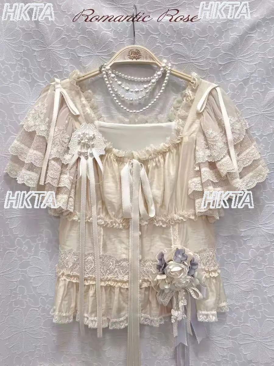 

Japanese Square Collar Sweet Fresh Lace Up Lolita Shirt Petal Short Sleeve Top Elegant Temperament Lace Waist Thin Blusas Women