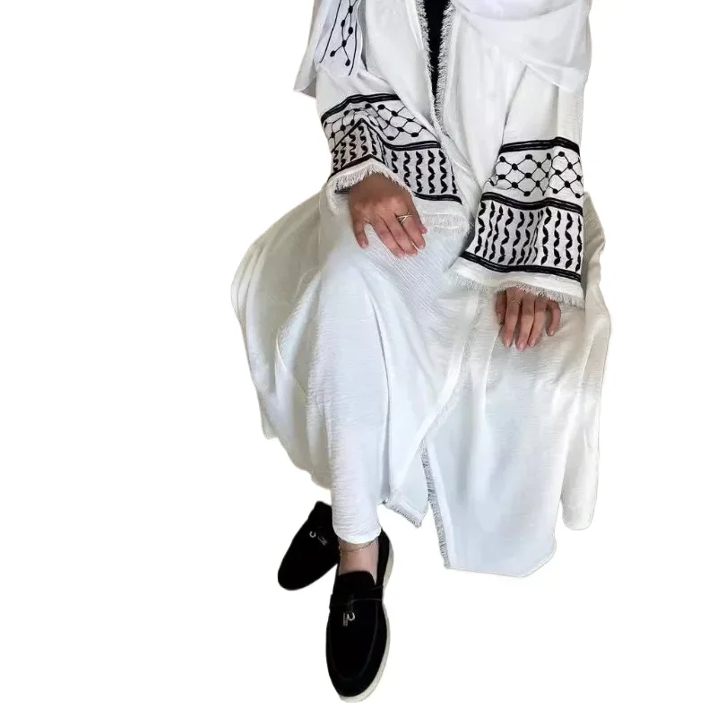 

2025 Ramadan Keffiyeh Abaya Kimono Palestinian Embroidery Tassels Muslim Open Abayas Women Dubai Luxury Islam Hijab Dress Kaftan