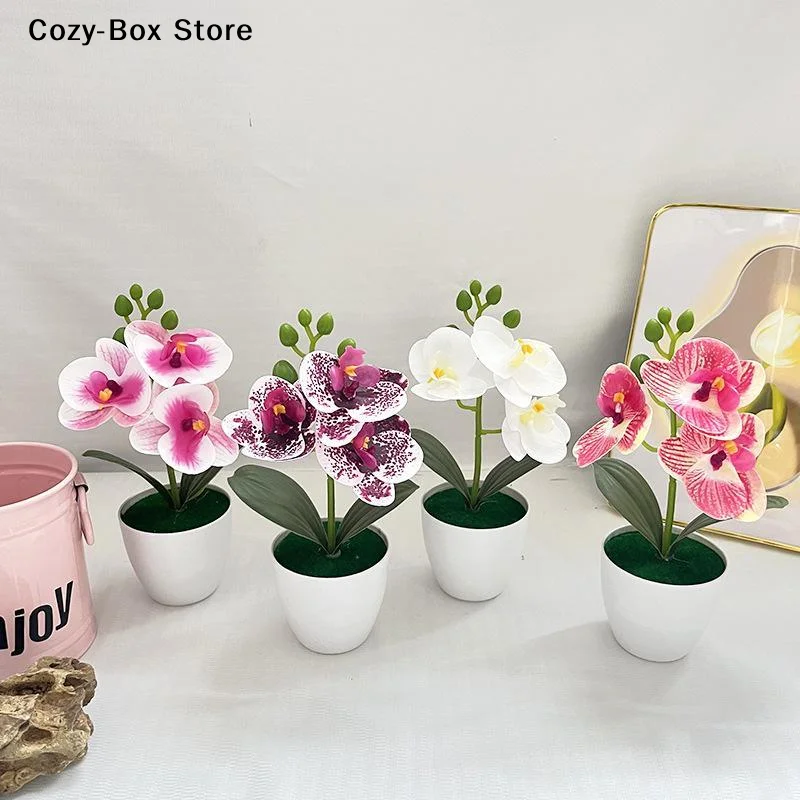 [ZY]Artificial Orchid Potted Plant 3 Heads Mini Phalaenopsis Fake Flower Plastic Desktop Ornament Home Living Room Decoration