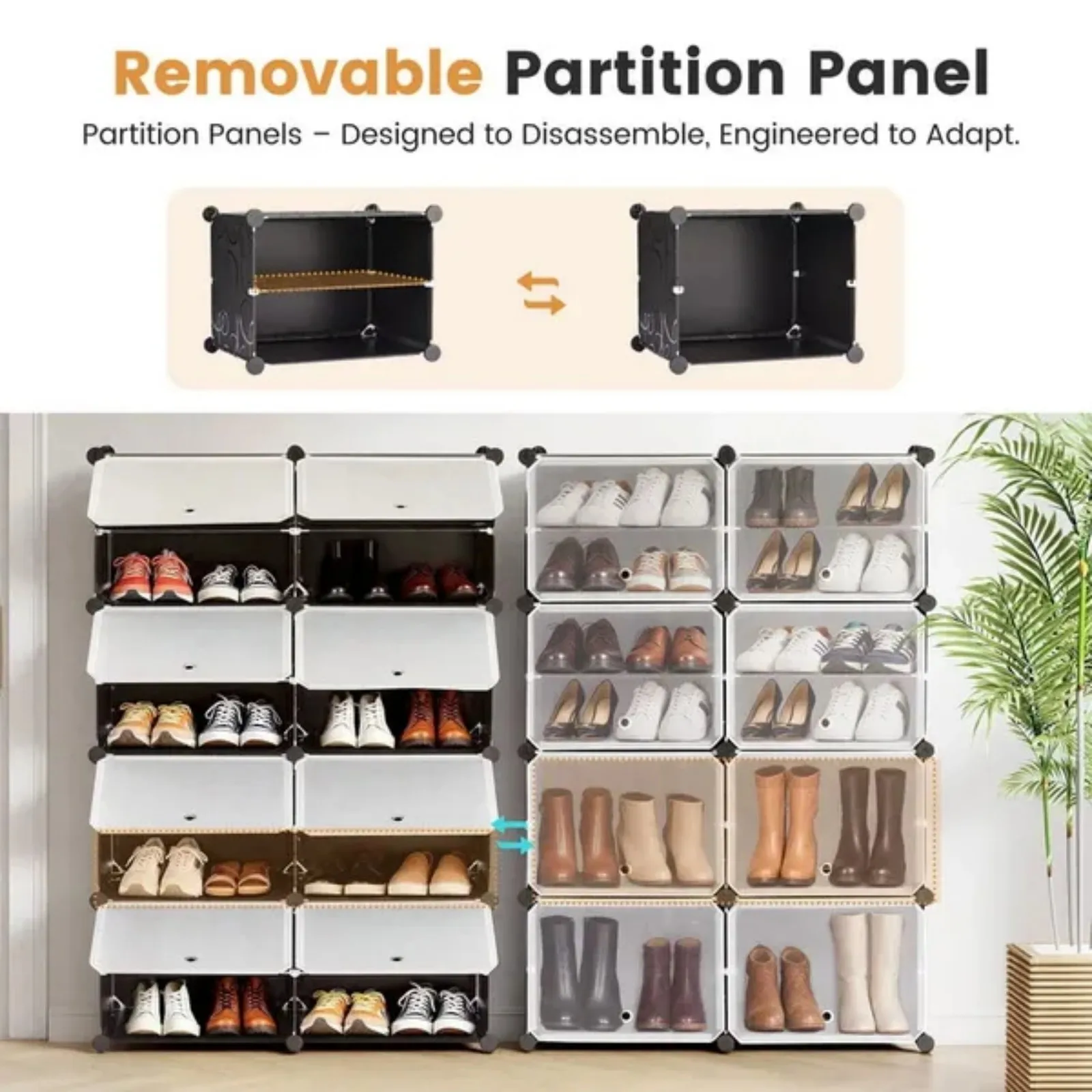 4 Tier Shoe Rack with Side Hooks, 32 Pair Capacity Sturdy Metal Frame Storage Organizer, White&Black Plastic Panel Shelf for Entryway, Bedroom&Dressing Room, Black