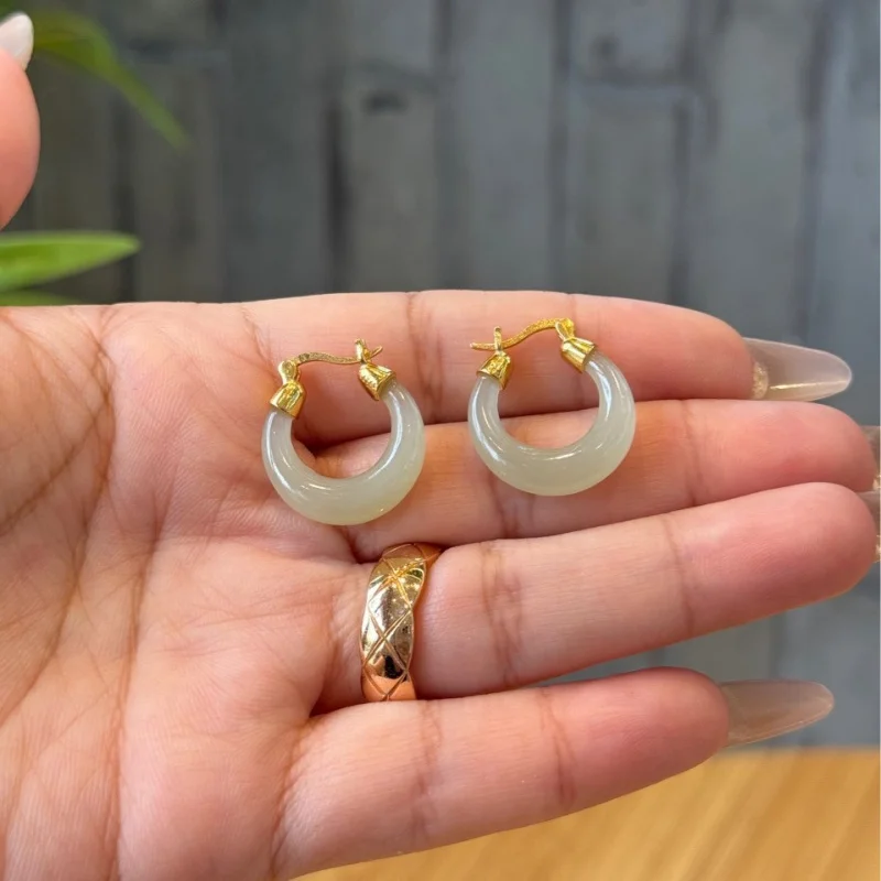 

Natural Hetian Jade Crescent Moon Earrings Ear Cuffs S925 Silver Inlaid