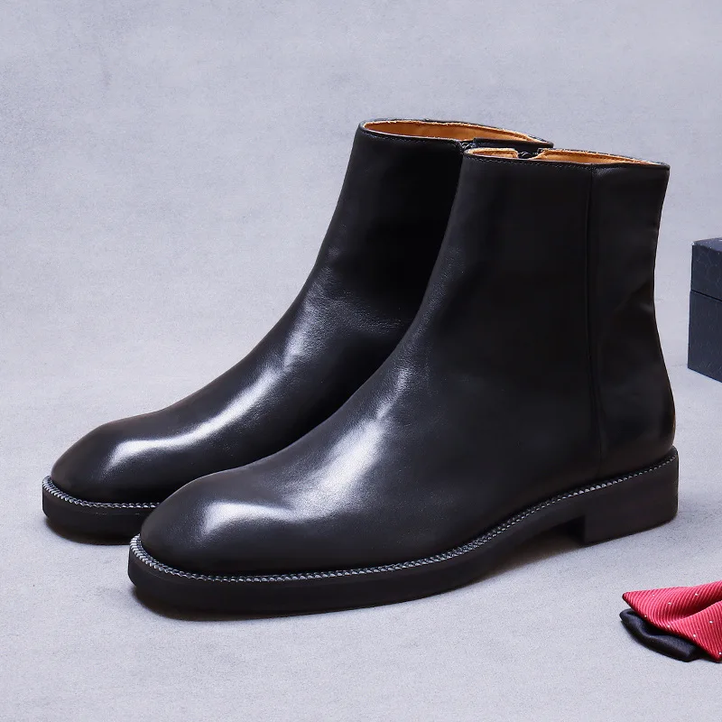 Solid Color Top Layer Cowhide Genuine Leather Men\'s Ankle Boots Vintage Boots Wide Round Toe Zipper British Style High Top Shoes