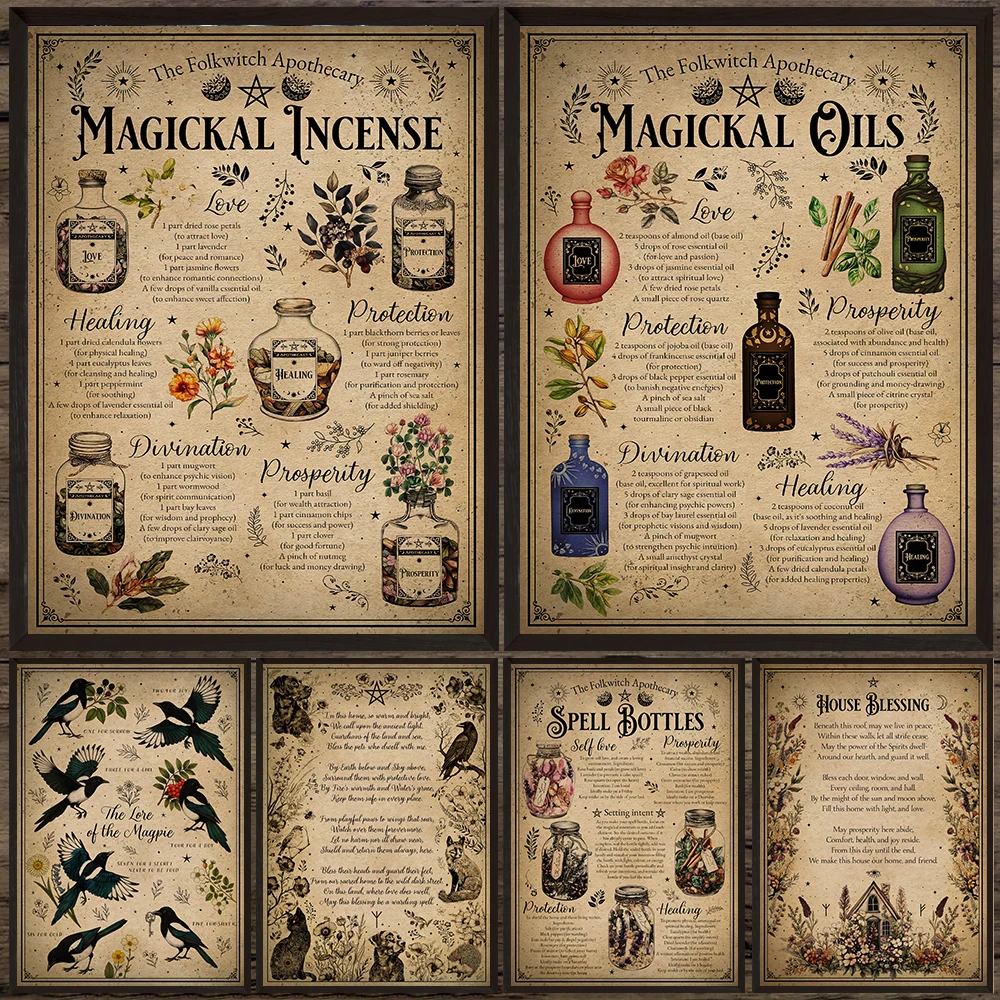 

Spell Bottle Apothecary Sign,Book Of Shadows Pages Wall Art Canvas Print,Grimoire,And Spell Book Vintage Art Poster Print Decor