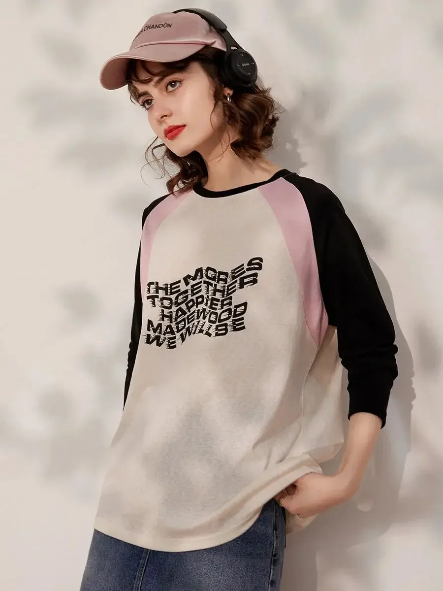 LOUIS YAO Women T-shirt 2024 Spring Round Neck Long Sleeve Print Letters Fashionable Casual Loose Fit Contrast Color Top