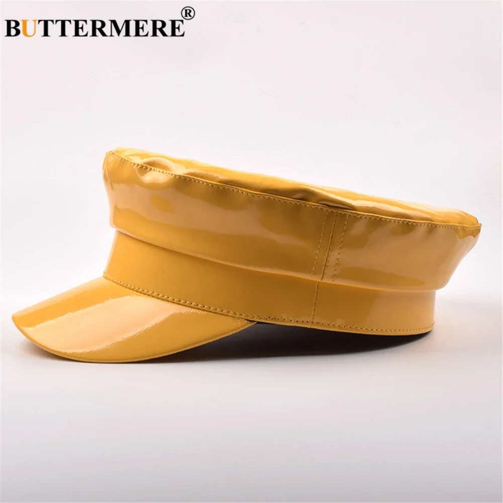 BUTTERMERE Patent Leather Military Hat Women Solid Yellow Fashion Hats Ladies Flat Cap Spring Autumn Female Brand Sailor Hat