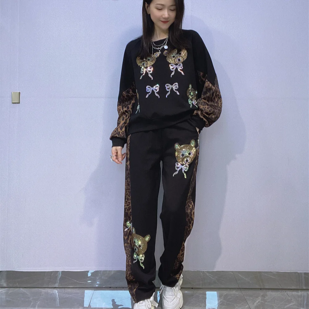 

Комплекты из двух предметов с мультяшными медведями и бриллиантами, женские наряды, длинные брюки с леопардовым принтом, повседневный вязаный женский спортивный костюм