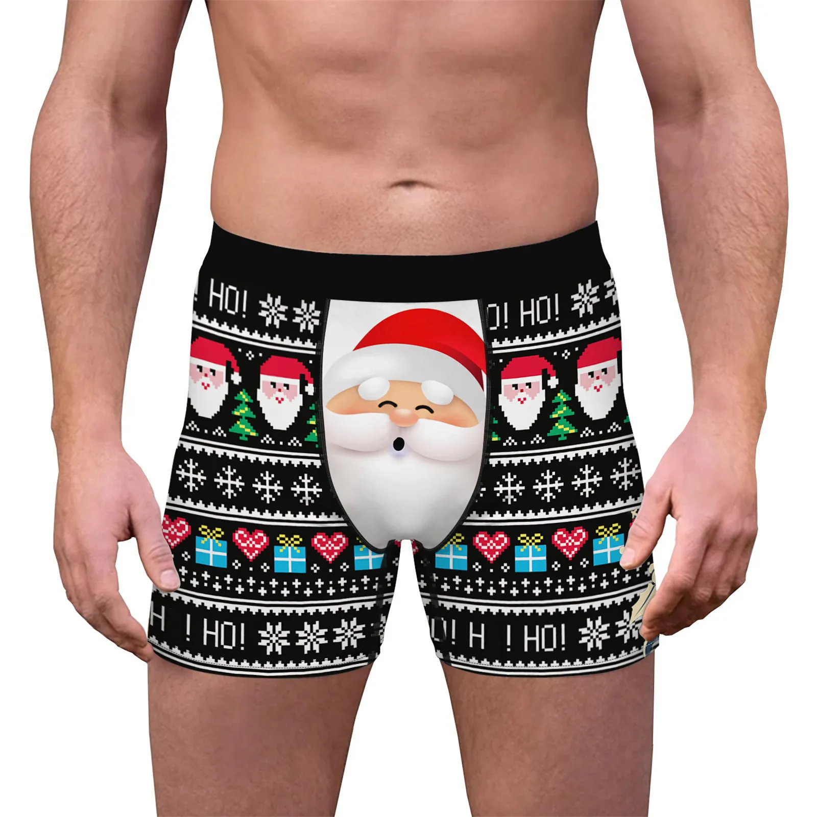 Mens Christmas Print Flat Slim Long Breathable Underwear Pants Fashionable Sports Casual Sports Boxers With Pocket Underwear Men