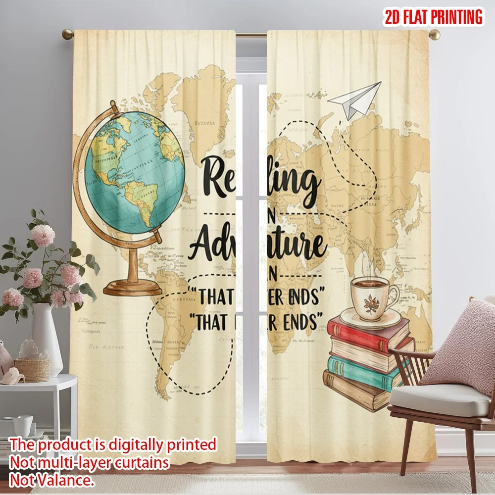 

2pcs 2D flat printing Party Curtain Reading Adventure Globe Books Polyester Without Electricity Festive Holiday Use for Entryway