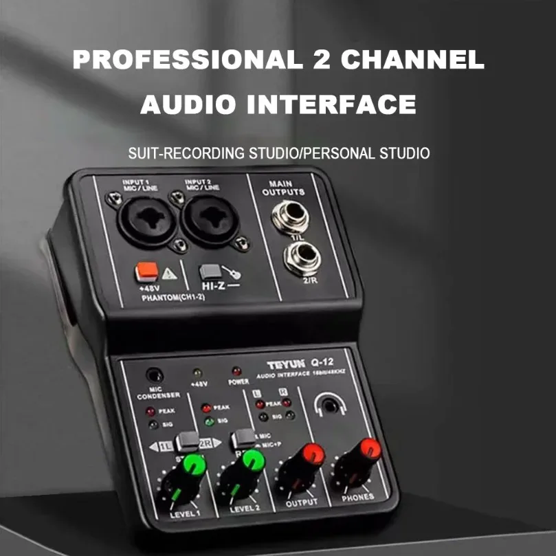 Draagbare Professionele 2-Kanalen Audio Interface Geluidskaart Console Mini USB MIXER voor Gitaar Opname Studio Zingen TEYUN Q12
