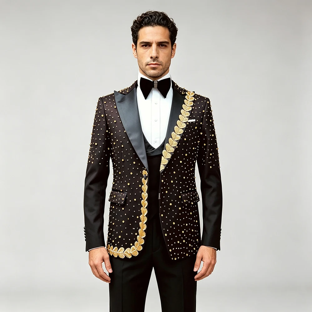 Luxury Groom Suit For Wedding Gold Rhinestones Beaded Man Tuxedo Formal Wear 3 Piece Sets Man Banquet Outfit Terno Masculinos