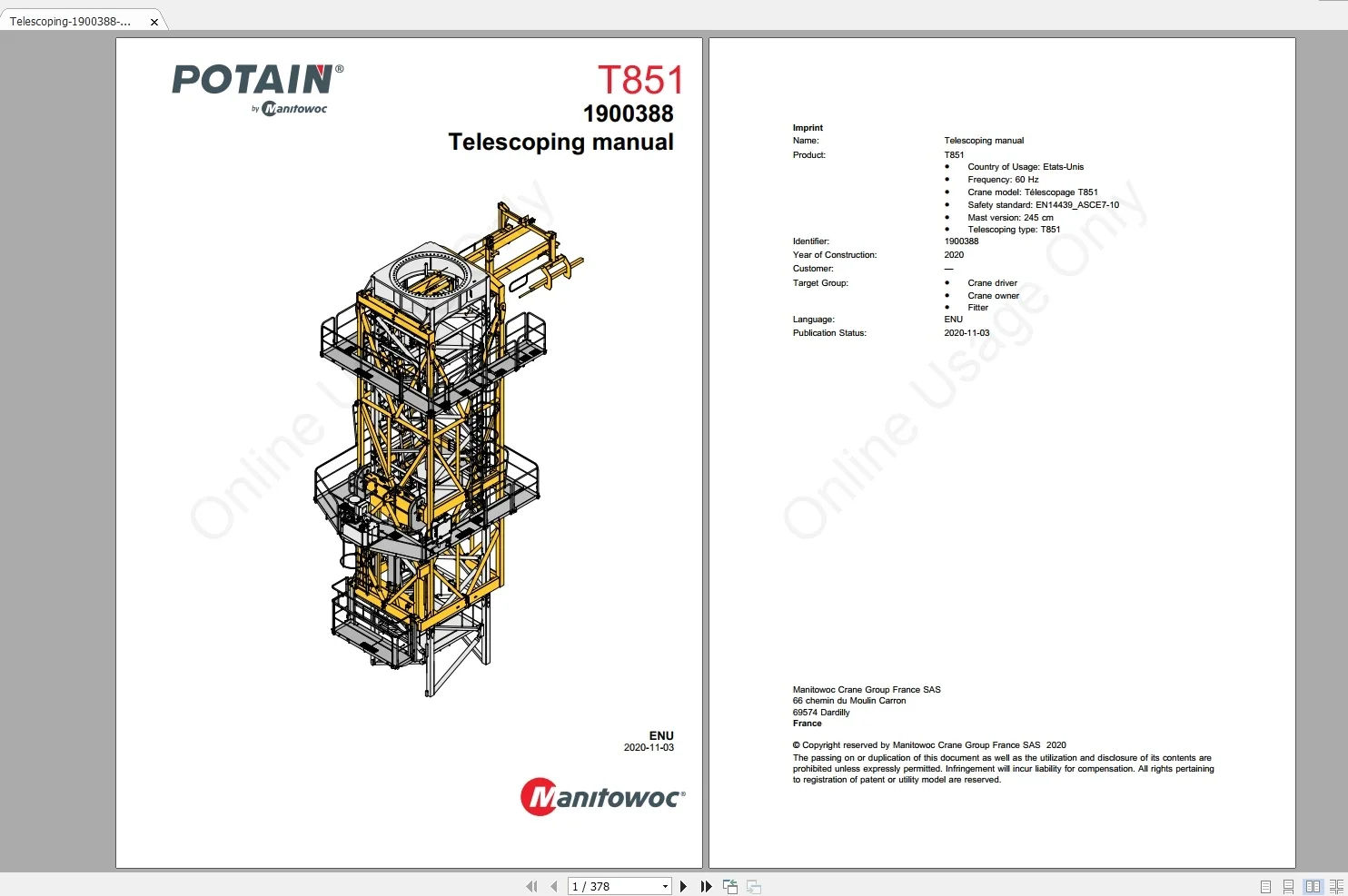 Manitowoc Potain Tower Cranes All Models 2021 Updated 12.2020 Operator's and Maintenance Manuals PDF DVD