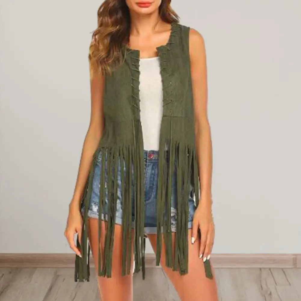 Women Mid Long Vest Vintage Fringed Suede Vest Women\'s Open Front Hollow Hole Waistcoat Chic Streetwear with Long Tassels Solid