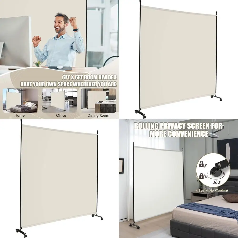 

6-футовая перегородка для комнаты с одной панелью и блокирующимися колесами, портативный экран для обеспечения конфиденциальности для дома и офиса, белый цвет