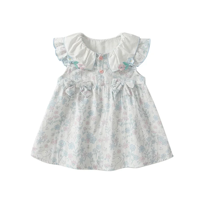 

MINISO Summer Baby Girls Dress Floral Princess Flutter Sleeve Cotton Blue Cute Lace Collar Soft Toddler Casual Dresses 0-1 Years