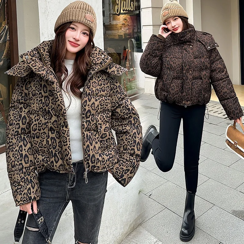 Thiened Leopard Print Cotton Jaet ort American Sle Autumn Winter New Hat Cotton Coat Women Small Size down Cotton Clo...