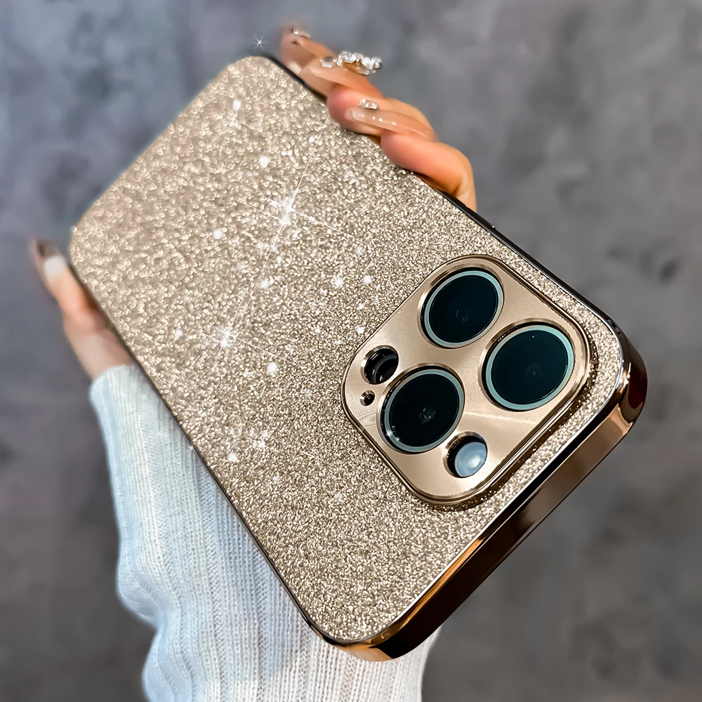 Luxury Women Shockproof Gold Glitter Bling Soft Phone Case For iPhone 15 14 13 12 Pro Max Back mobile Cover Shell Funda Coque