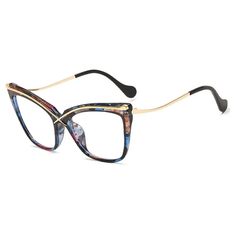 Vintage X Cat Eye Metal Large Frame Blue Light Blocking Glasses No-Makeup Essential Non Prescription Eyewear Fashion Spectacles
