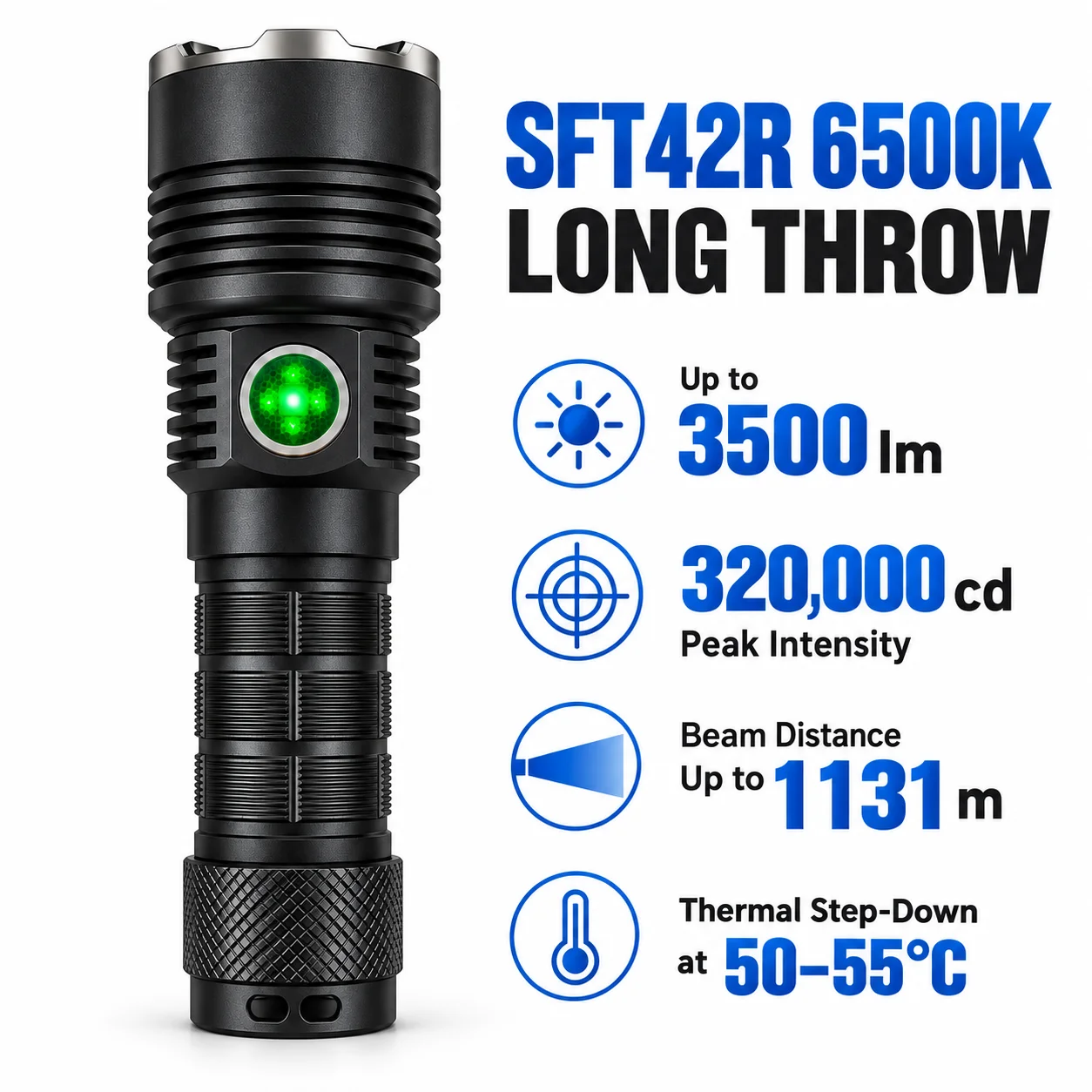 JKK70S Rechargeable SFT42R LED Flashlight 21700 Battery Long Range Torch USB Type-C High Power Search Light