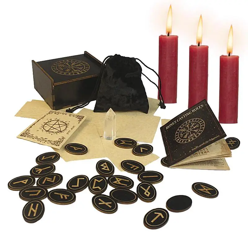 

1 set Wooden Witch Runes Stone Set Engraved Symbol For Meditation Divination Rune Stones Set With Storage Bag Tablecloth