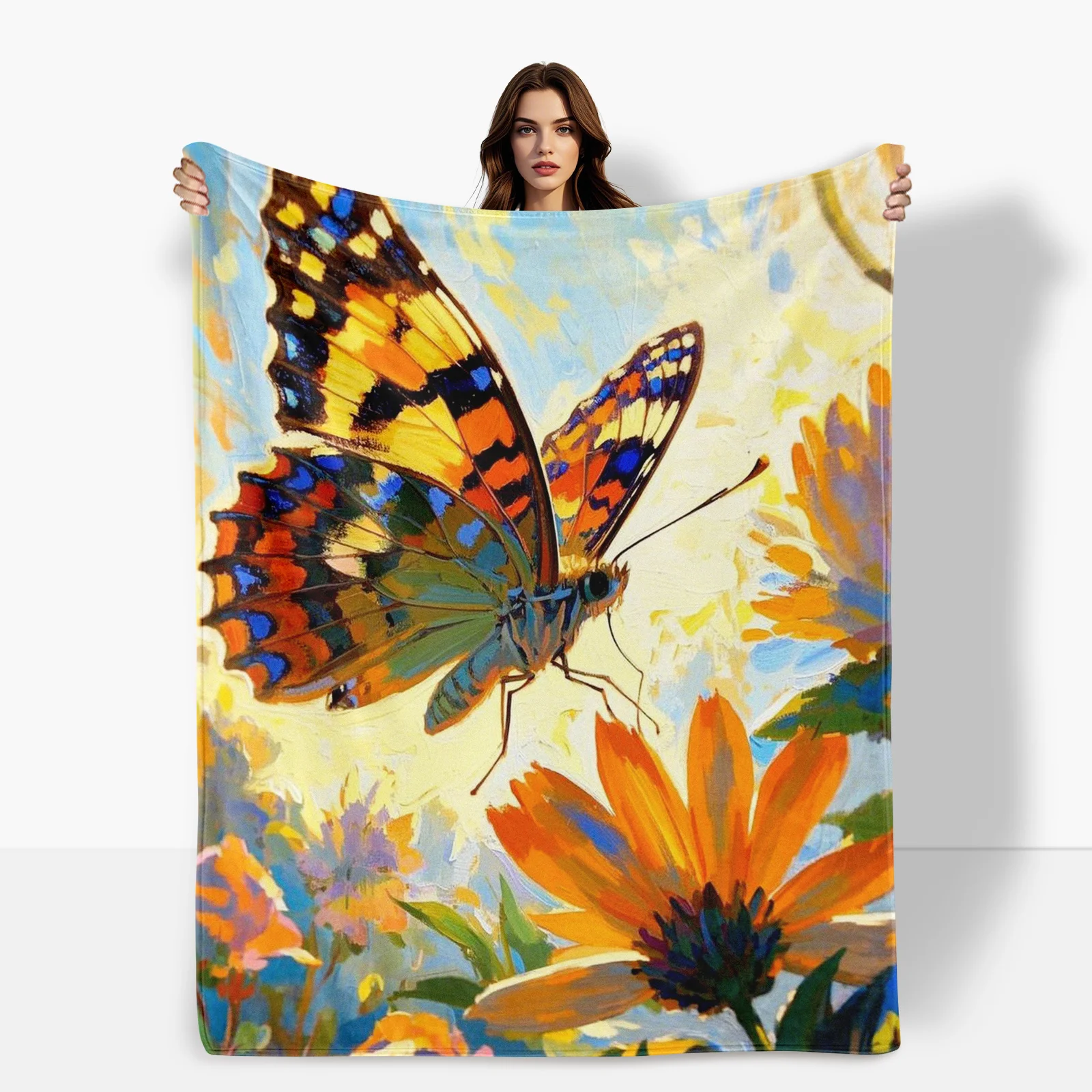 Vintage Butterfly Floral Meadow Orange Yellow Sky Design Warm Throw Blanket For Cozy Home Decor Or Outdoor Relaxation Comfort