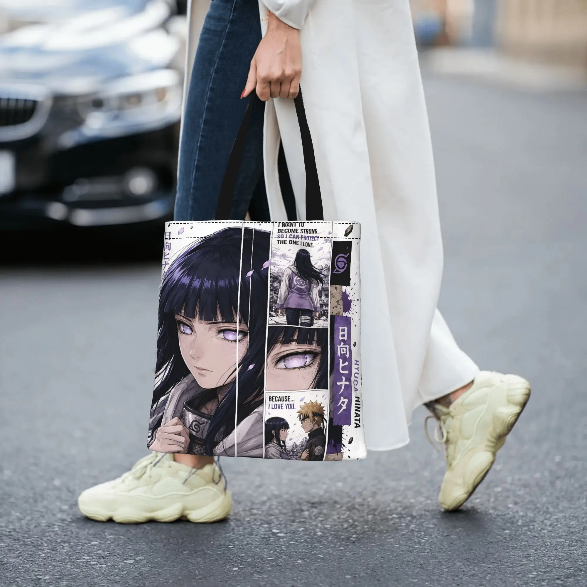 Customized Naruto Anime Theme Women's Bag Campus Handbag Large Capacity Hinata Canvas Tote Bag Foldable Chic Pattern