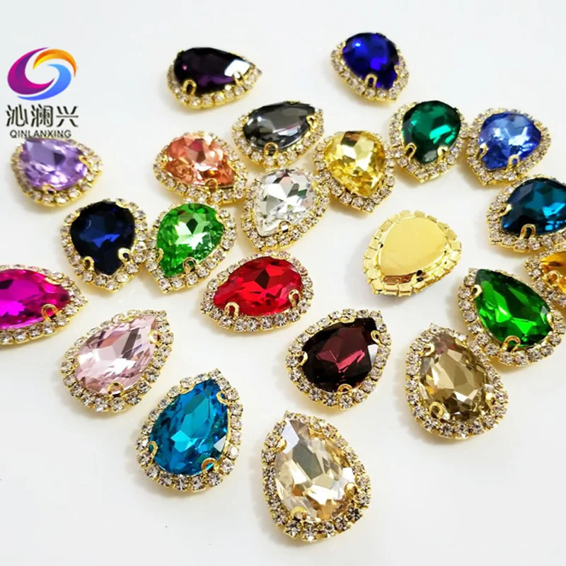 22 Colors Golden Glass Crystal Rhinestones Sewing Accessories,Drop Shape Buckle Sew on Stones for Clothes/Diy/Wedding Decoration