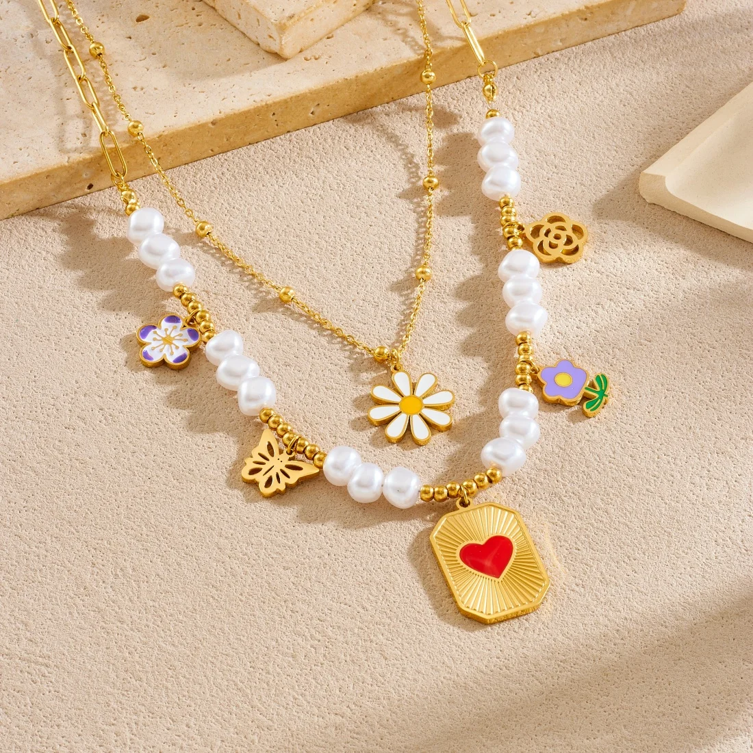 316L Edelstahl Perle Serie Öl Tropfen Blume Herz Schmetterling 2-Schicht Anhänger Halskette Dame Romantische Elegante Schmuck