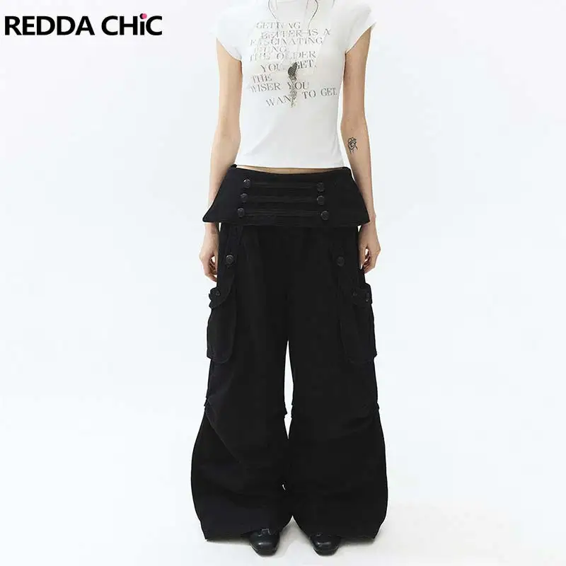 REDDACHiC Grunge Black Cargo Pants Women Grunge Big Pockets Buttons Cleanfit Fold Over Waist Baggy Pants Napoleon Streetwear