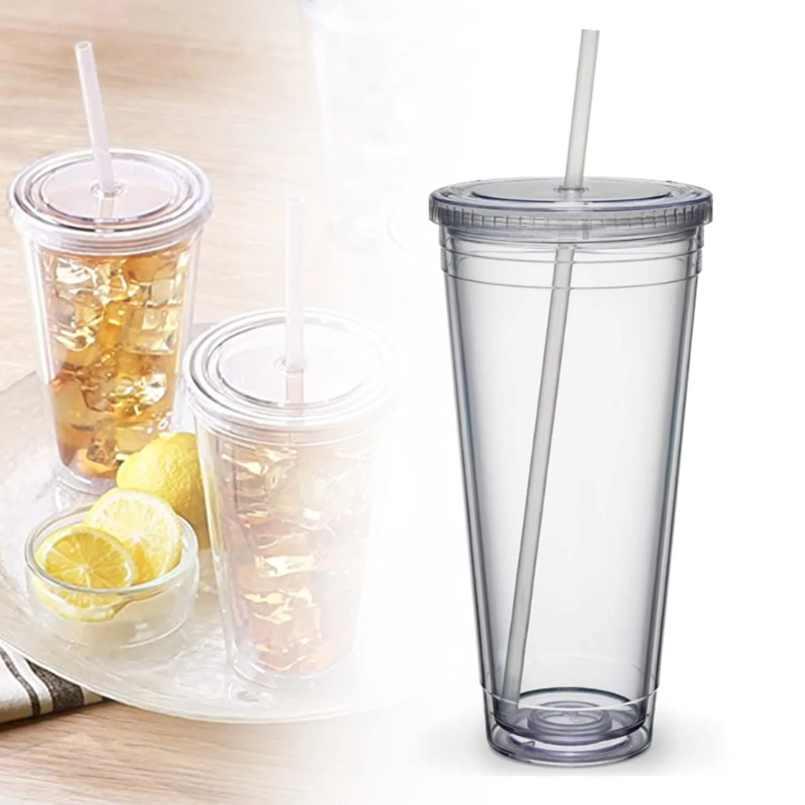 

24oz Plastic Straw Cup Insulated Double Wall Transparent Cold Drink Cup Plastic Tumblers With Lids And Straws Large Capacity Cup