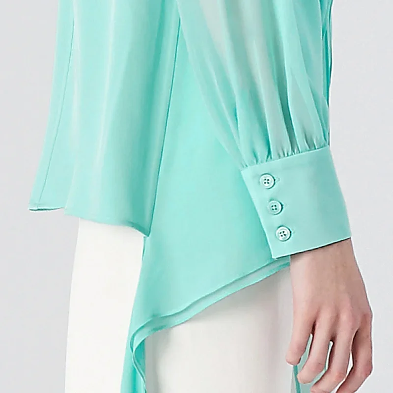 (خصم حصري للمشجعين) بلوزات VOA باللون الأخضر الحريري برقبة دائرية وأكمام طويلة قميص فطر شجرة صالحة للأكل بصدر واحد ربيع BE1358