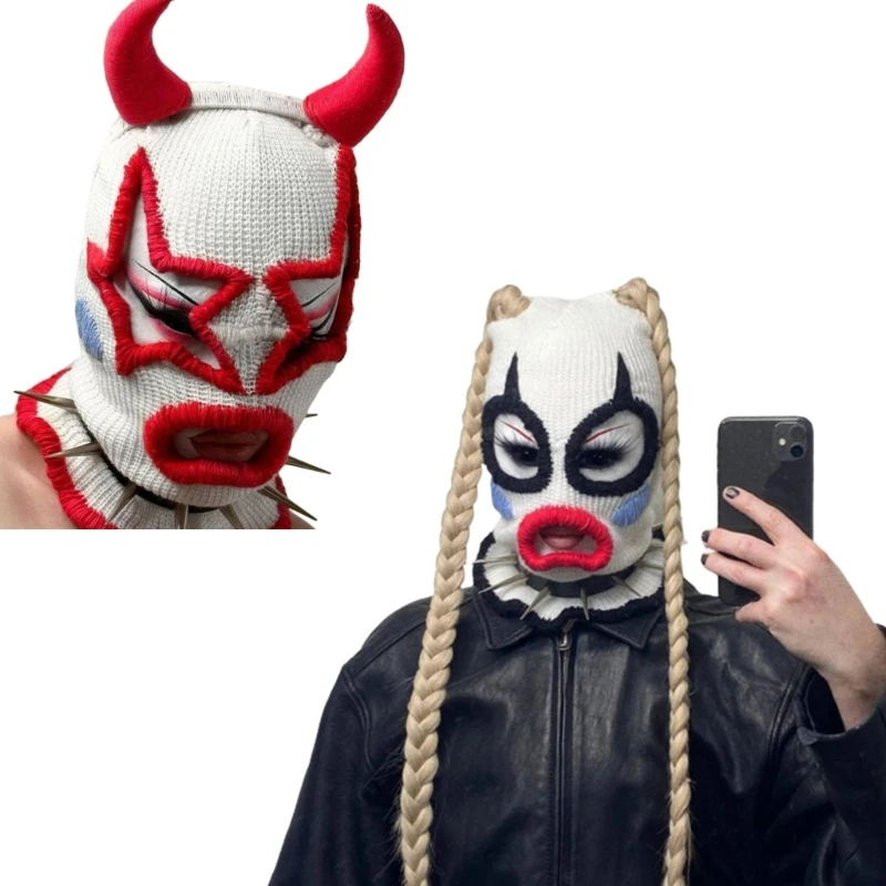 Scary Balaclava Hat Horrid Skull Cap Crocheted Hat for Women Men Cosplay Wacky Clown Balaclava Full-Head Hat