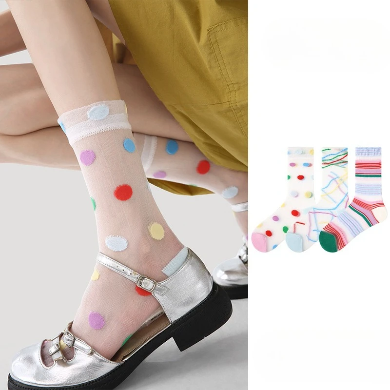 3Pairs Summer Lightweight Cute Dopamine Mid-calf Socks, Trendy Summer Breathable Stockings, Girl's Silk Stockings