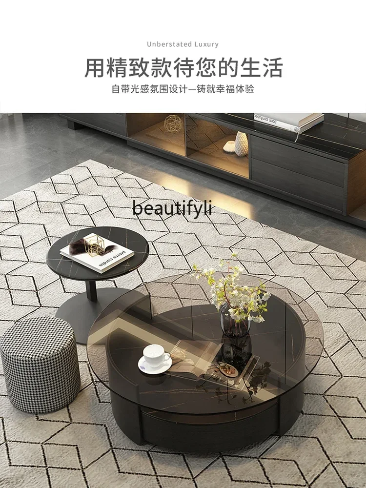 NEW Stone Plate Coffee Table Small Apartment Light Luxury Retractable Induction Lamp round Tea Table Living Room Home
