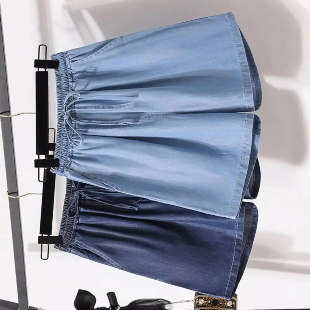 

High Waist Wide Leg Drawstring Short Jeans Women's Summer New Style Thin Ice Silk Casual Loose Fit A- Line Five-Quarter Pants